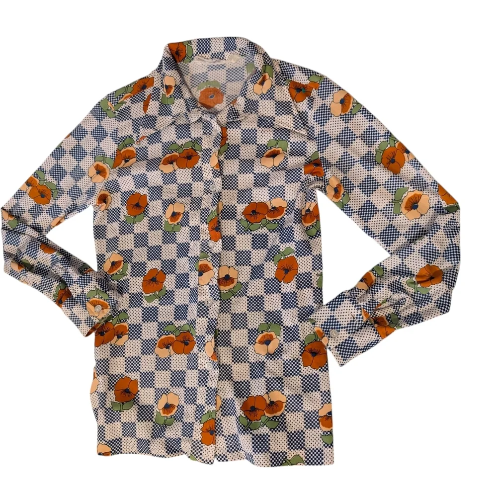 70s Mod Pointy Collar Women Shirt Groovy Green Blue‎ Orange Psychedelic Graphic - Picture 9 of 9